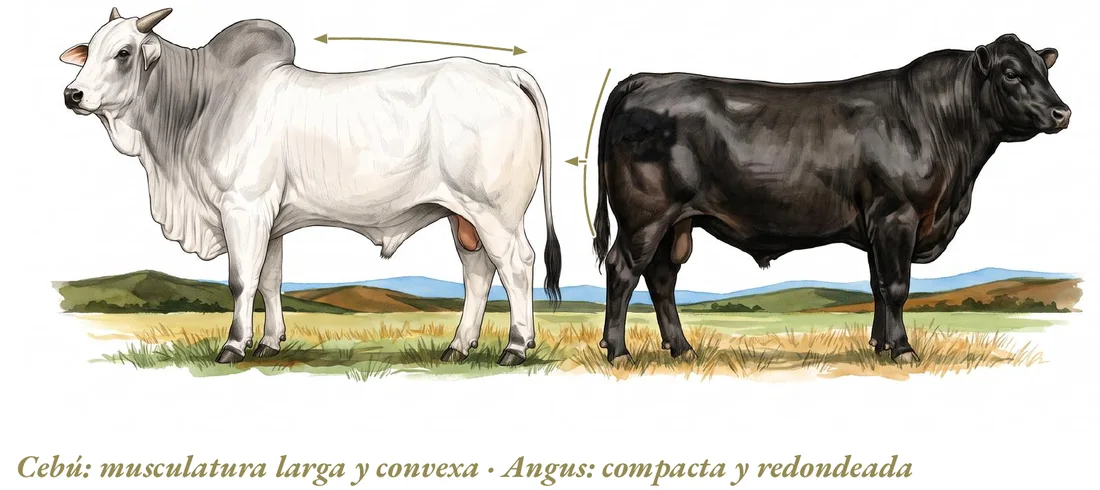 La musculatura de cada grupo. Cebú: larga y convexa. Angus: compacta y redondeada (p. 109)