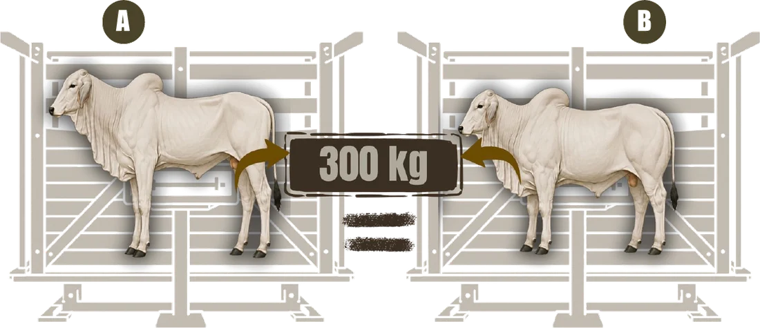 Dos novillos cebú en el brete, A y B, con la báscula marcando 300 kg